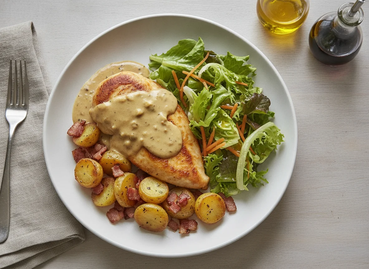 Pollo con salsa, papas salteadas y ensalada photo