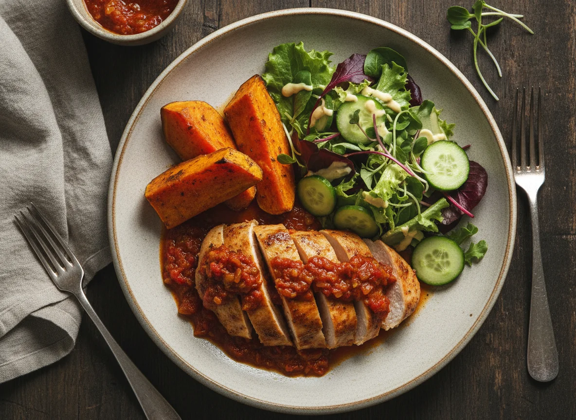 Pollo con salsa roja, camote y ensalada mixta photo
