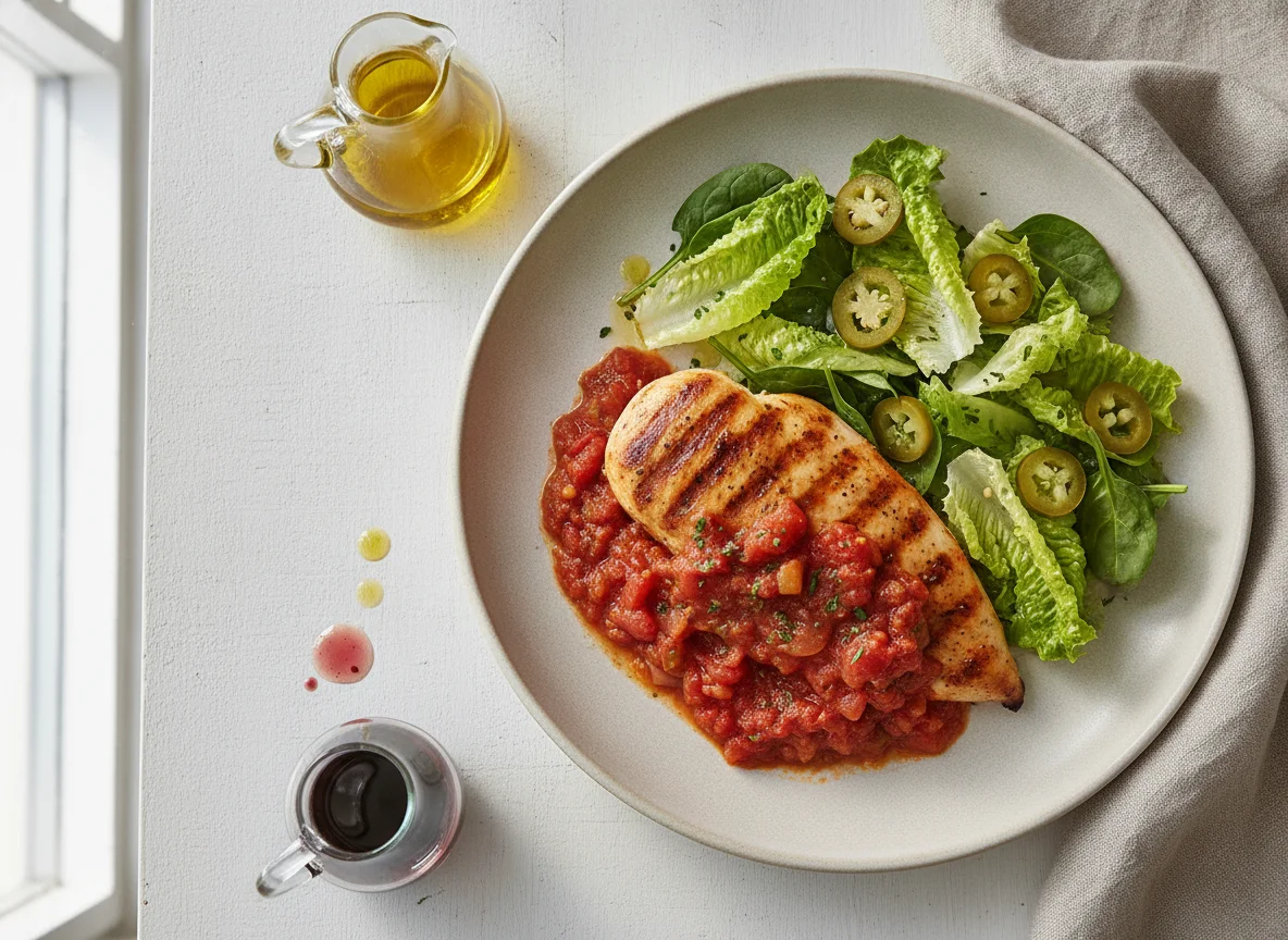 Pollo con salsa roja y ensalada mixta photo