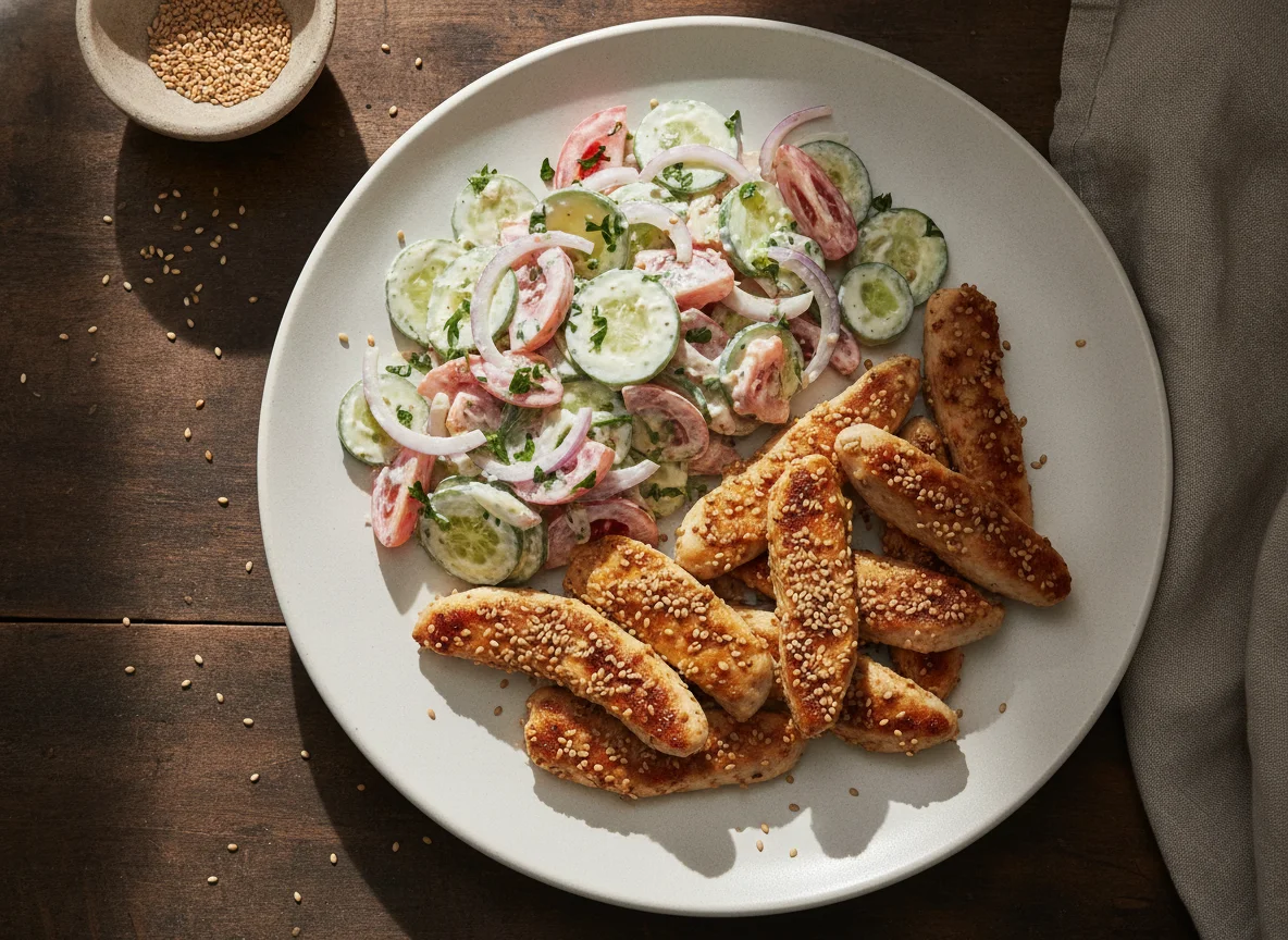 Pollo con sésamo y ensalada cremosa photo