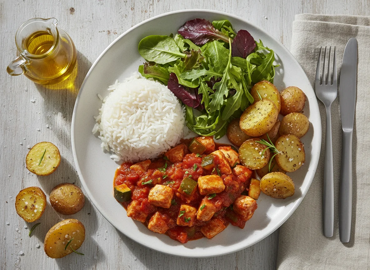 Pollo con tomate, arroz blanco, ensalada y patatas asadas photo