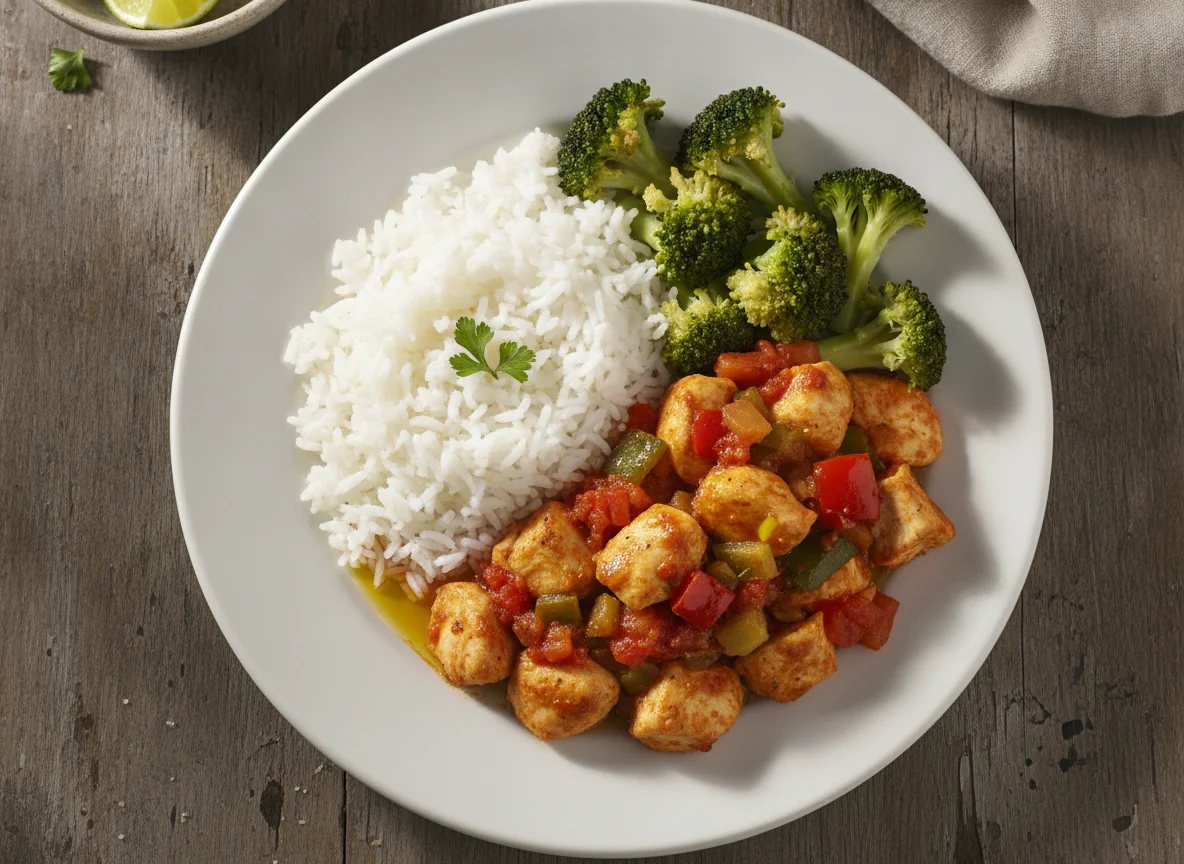 Pollo con tomate, arroz y brócoli photo