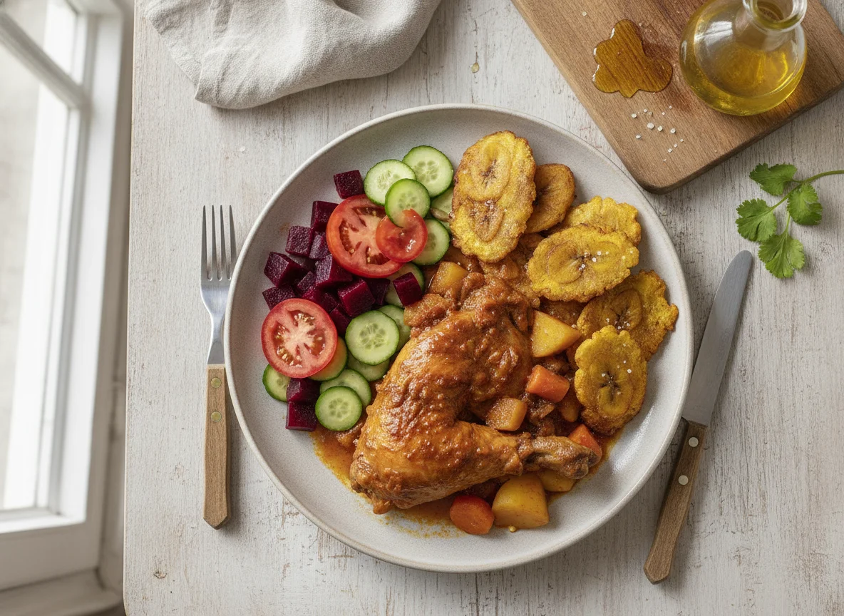 Pollo con tostones y ensalada de remolacha photo