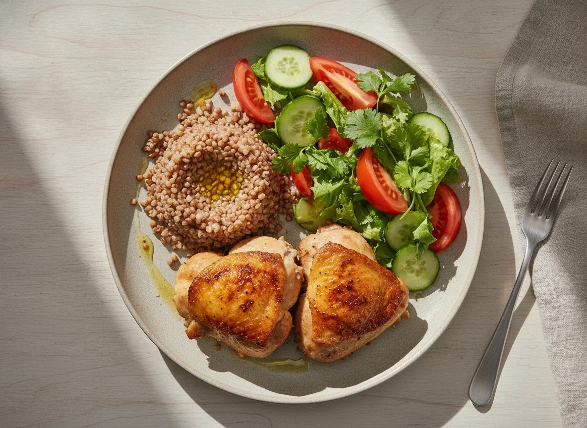 Pollo con trigo sarraceno y ensalada fresca photo