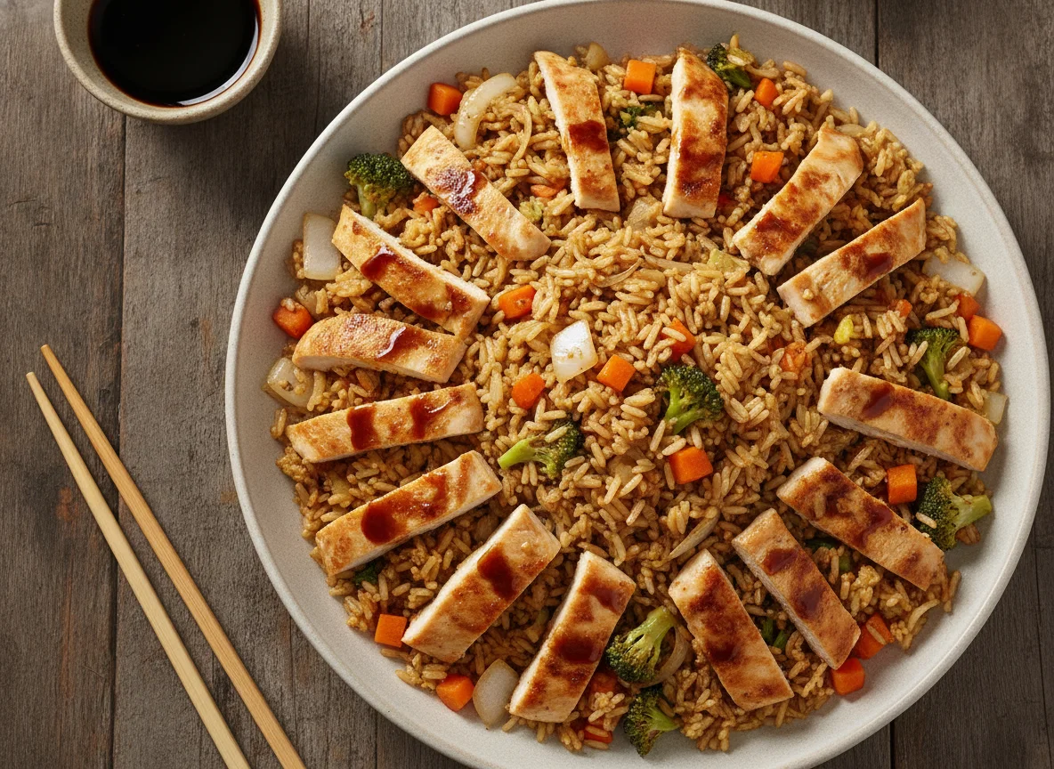 Pollo con vegetales y arroz frito photo