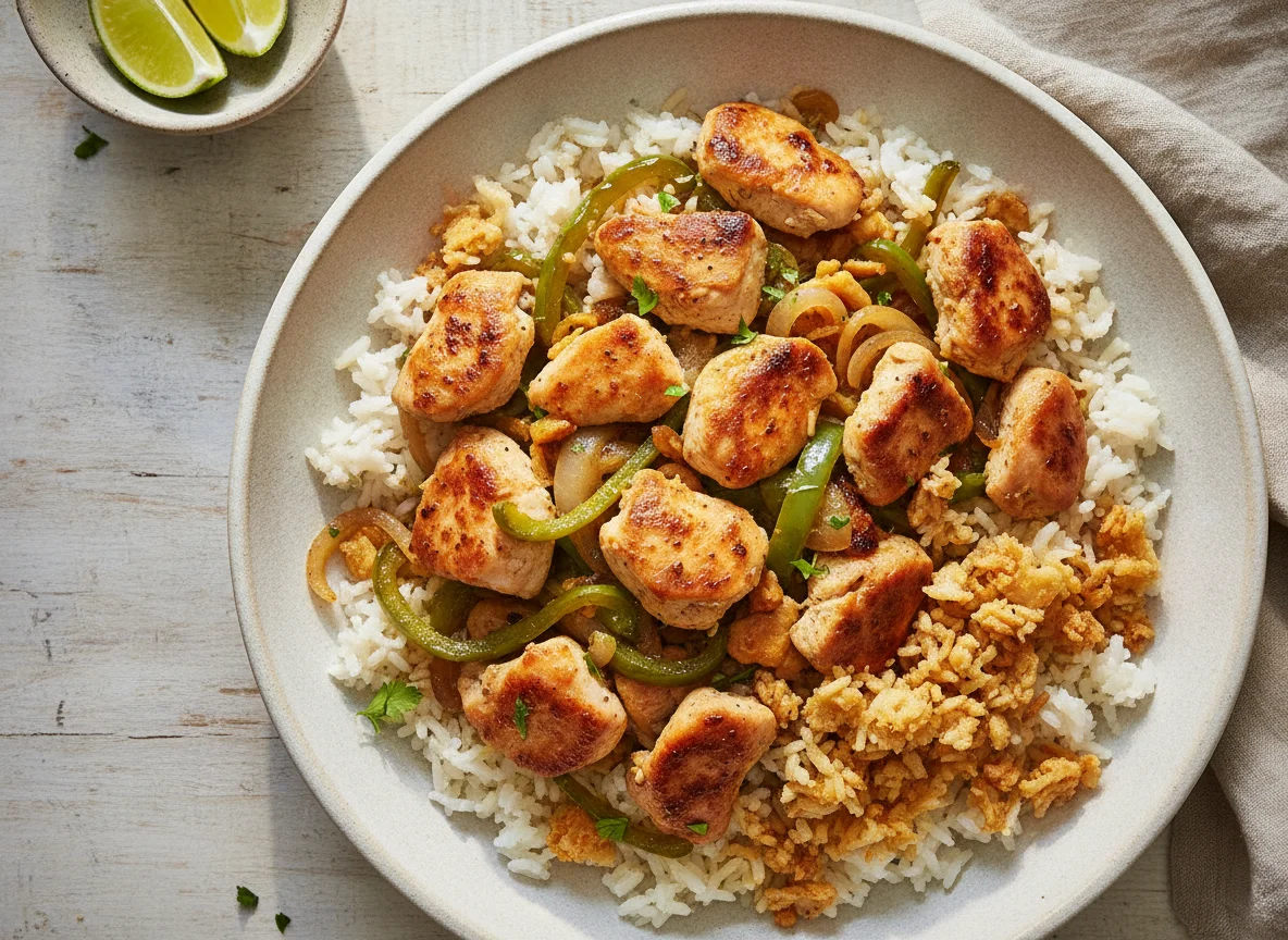 Pollo con vegetales y arroz tostado photo