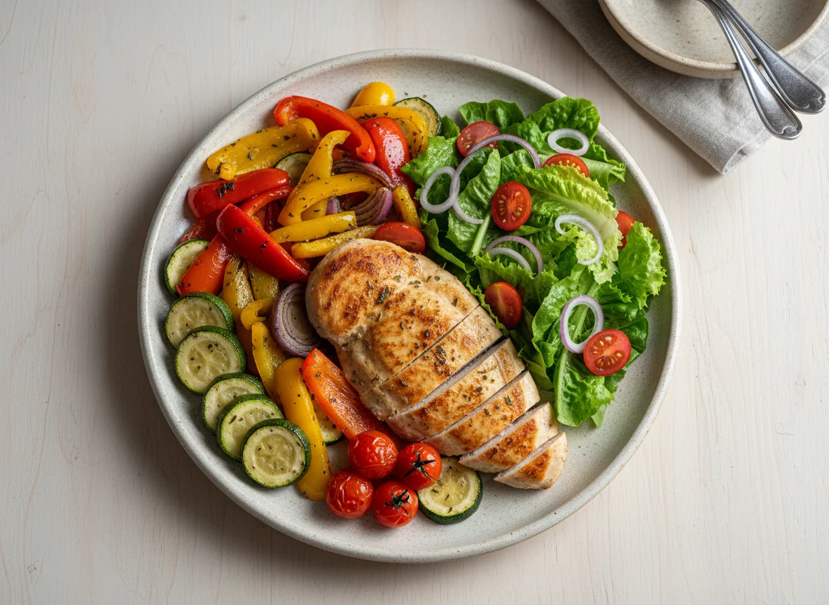 Pollo con vegetales y ensalada photo
