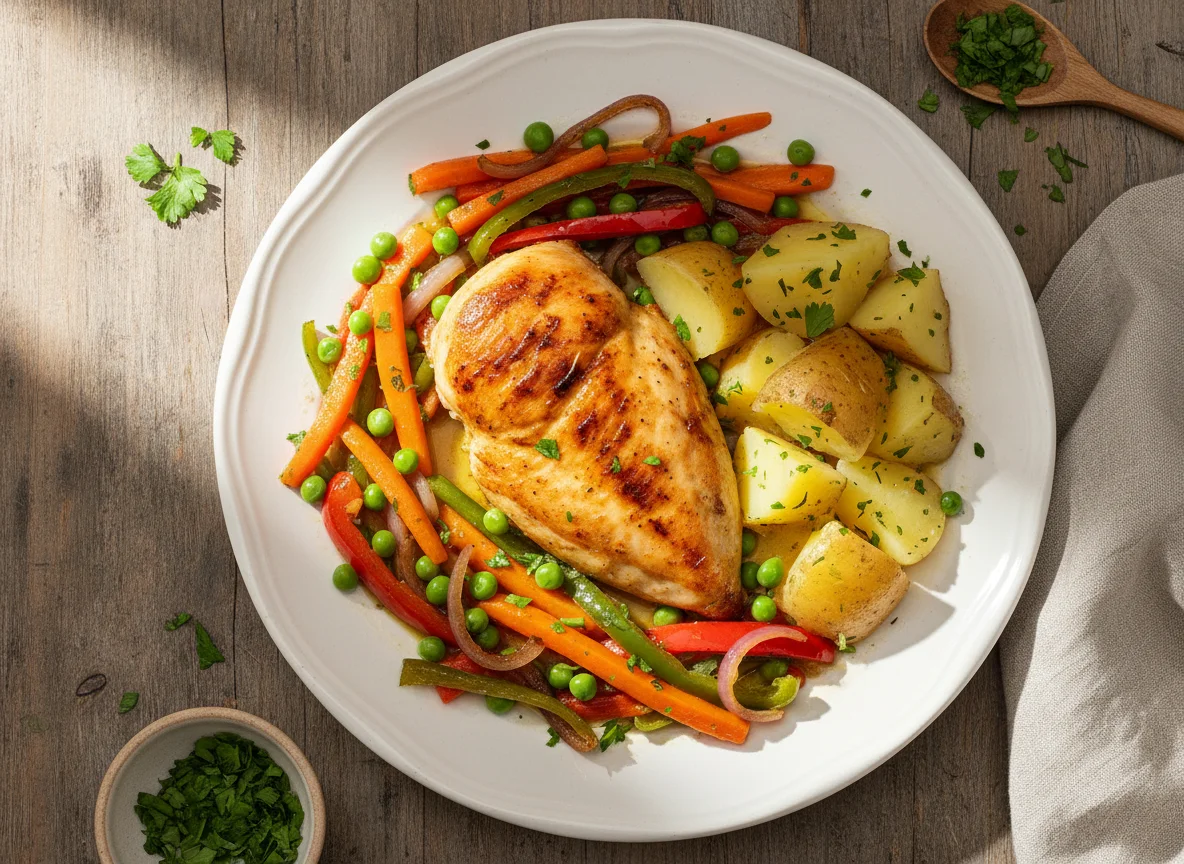 Pollo con vegetales y papa cocida photo