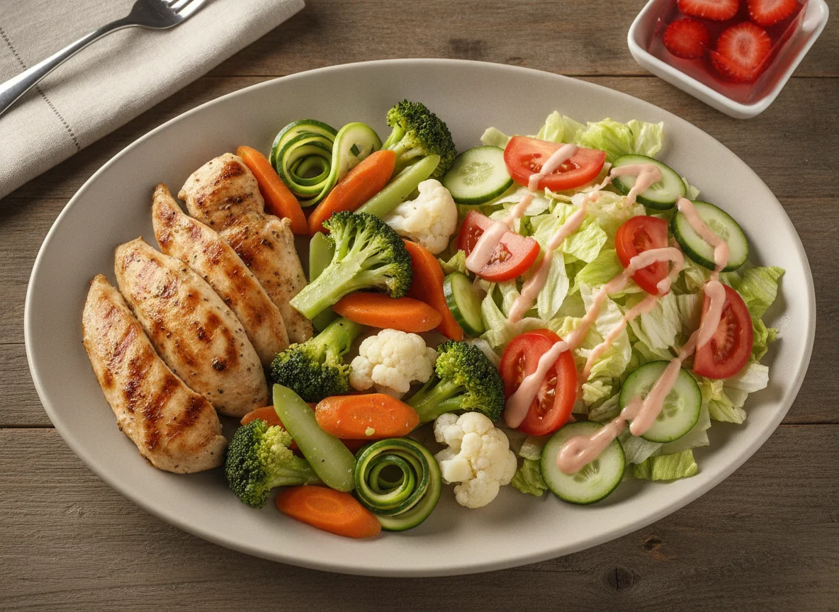 Pollo con verduras al vapor y ensalada photo