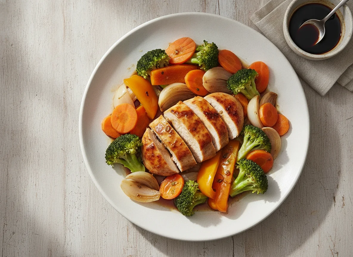 Pollo con verduras al vapor y salsa de soya photo