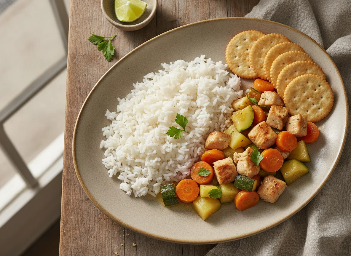 Pollo con verduras, arroz blanco y galletas saladas photo