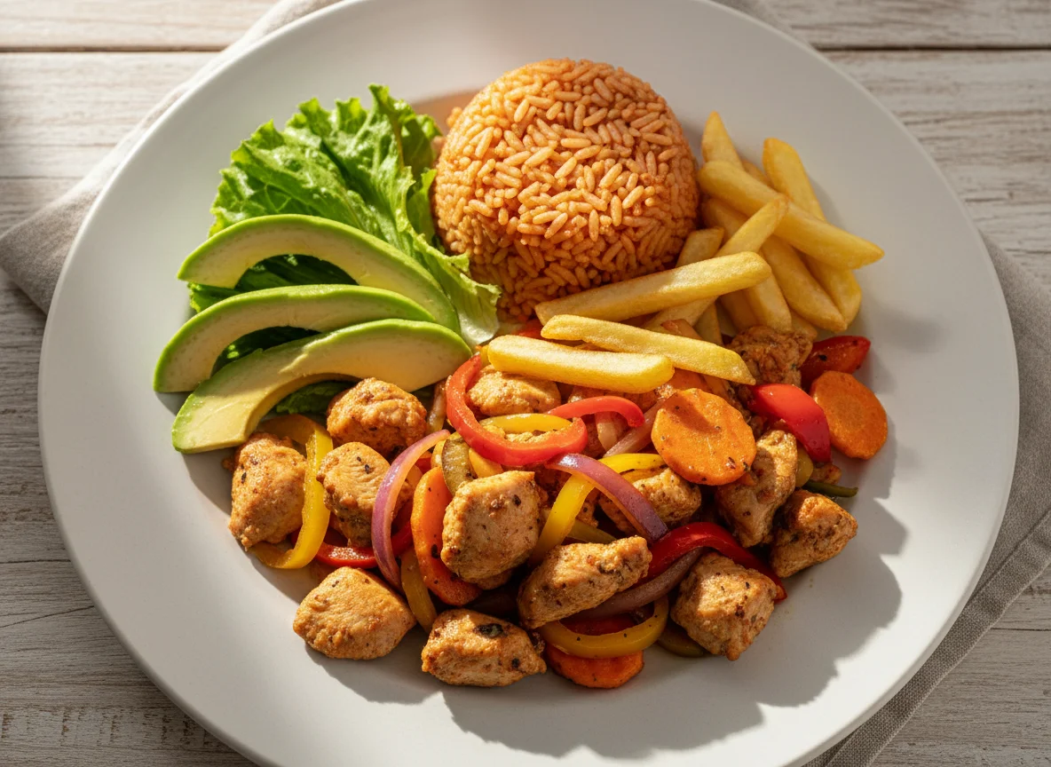 Pollo con verduras, arroz rojo y aguacate photo