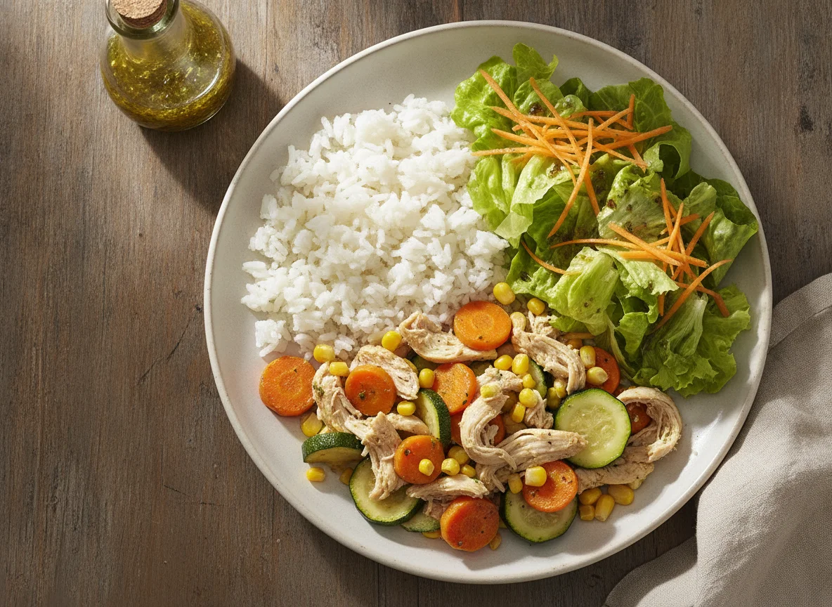 Pollo con verduras, arroz y ensalada photo