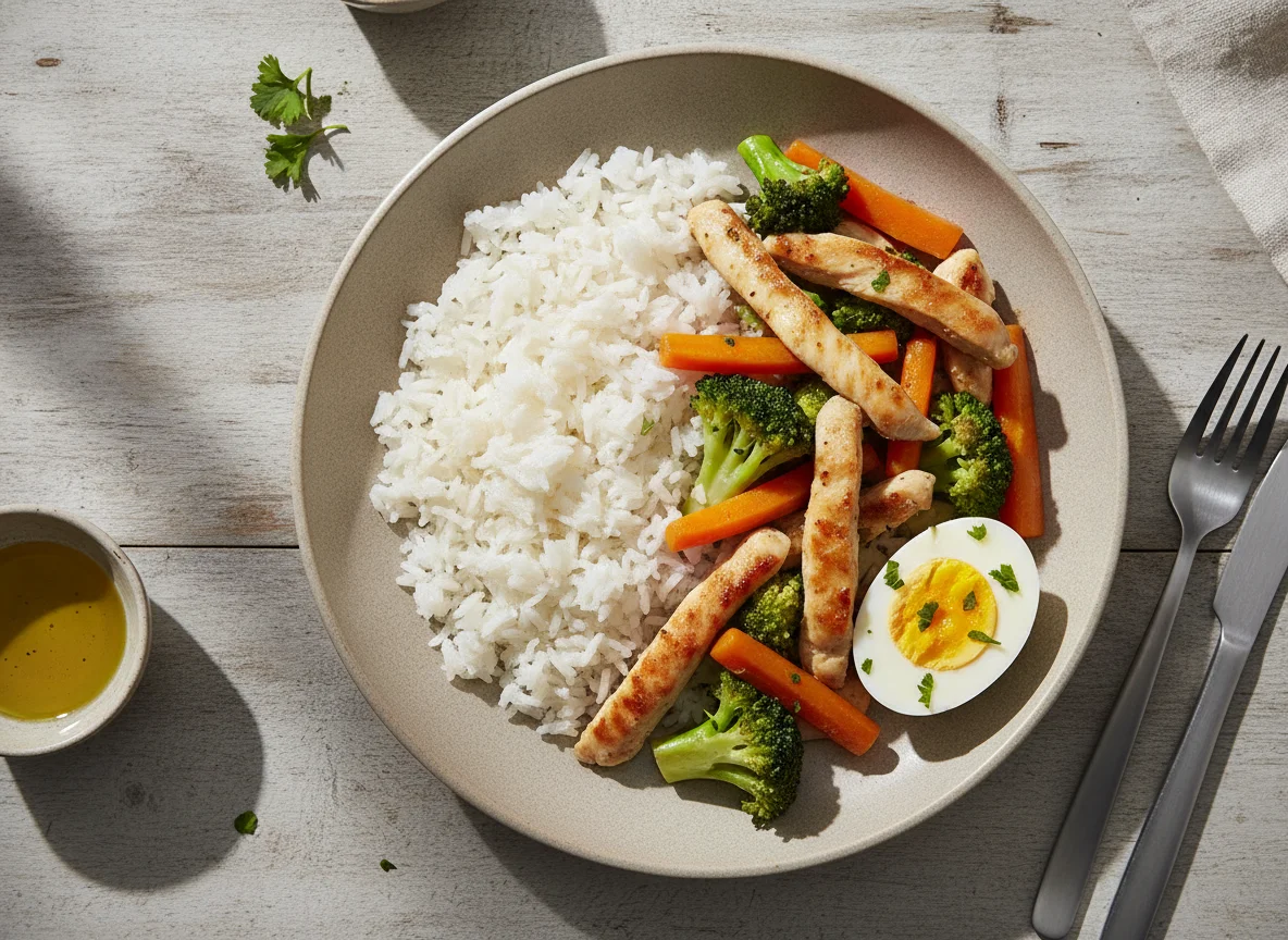 Pollo con verduras, arroz y huevo cocido photo