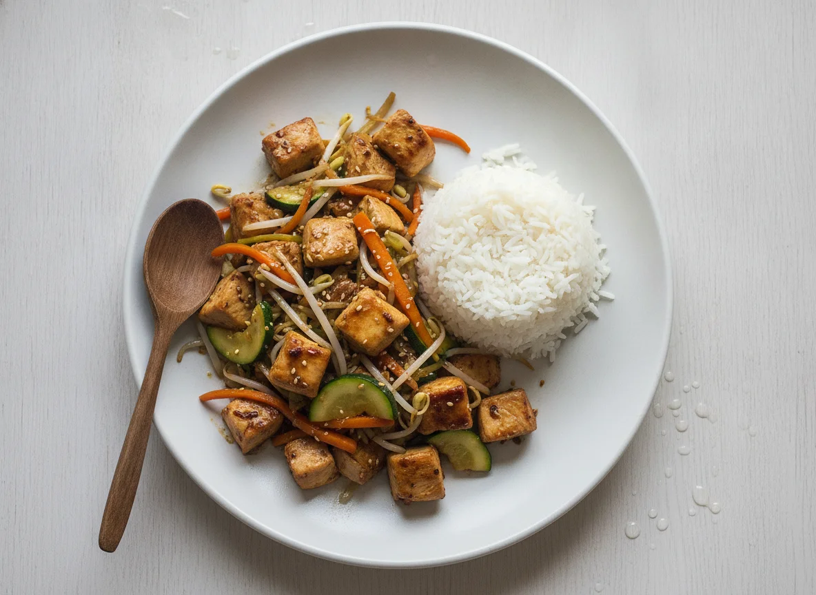 Pollo con verduras estilo oriental y arroz blanco photo