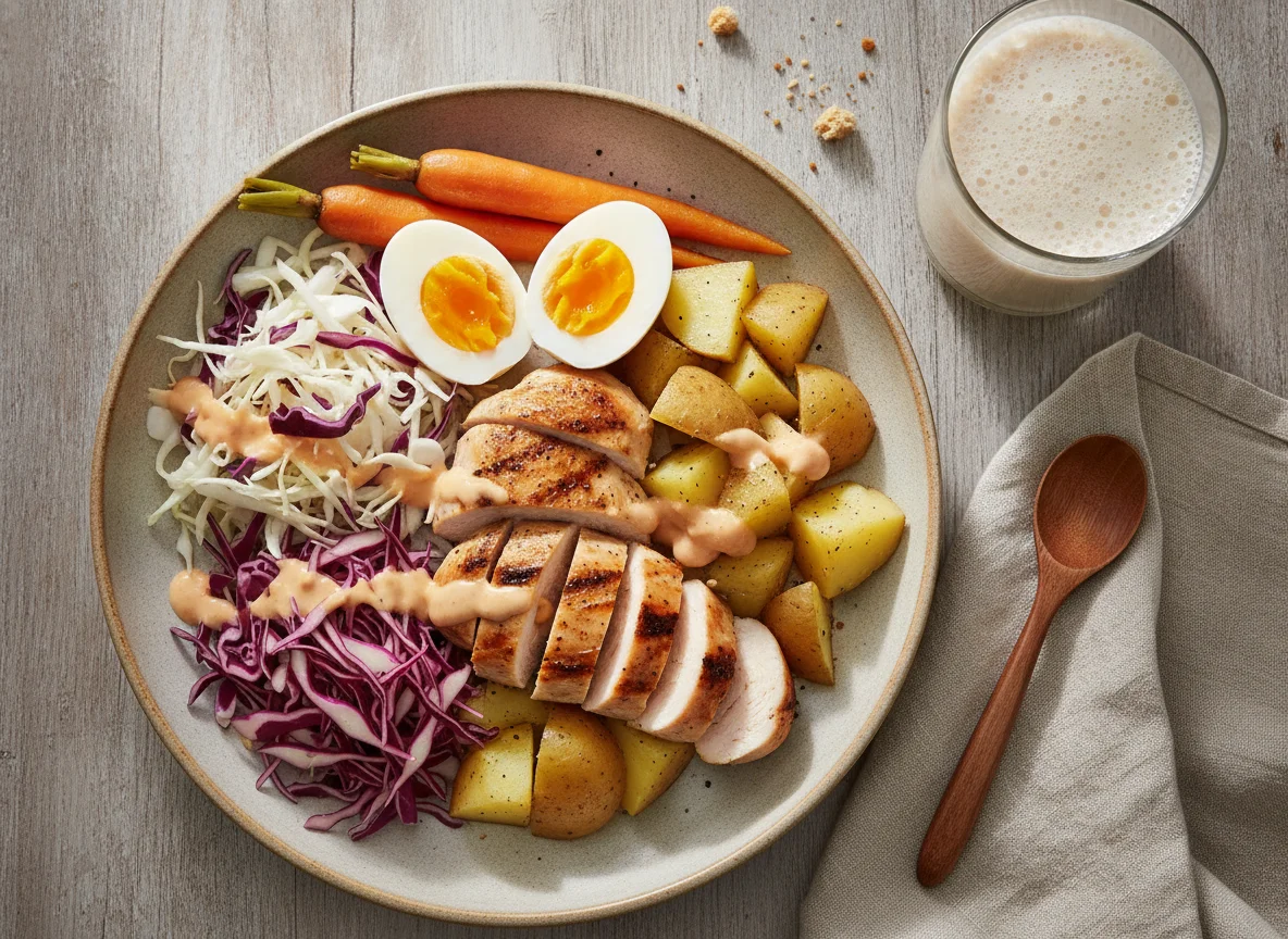 Pollo con verduras, huevos cocidos y ensalada photo