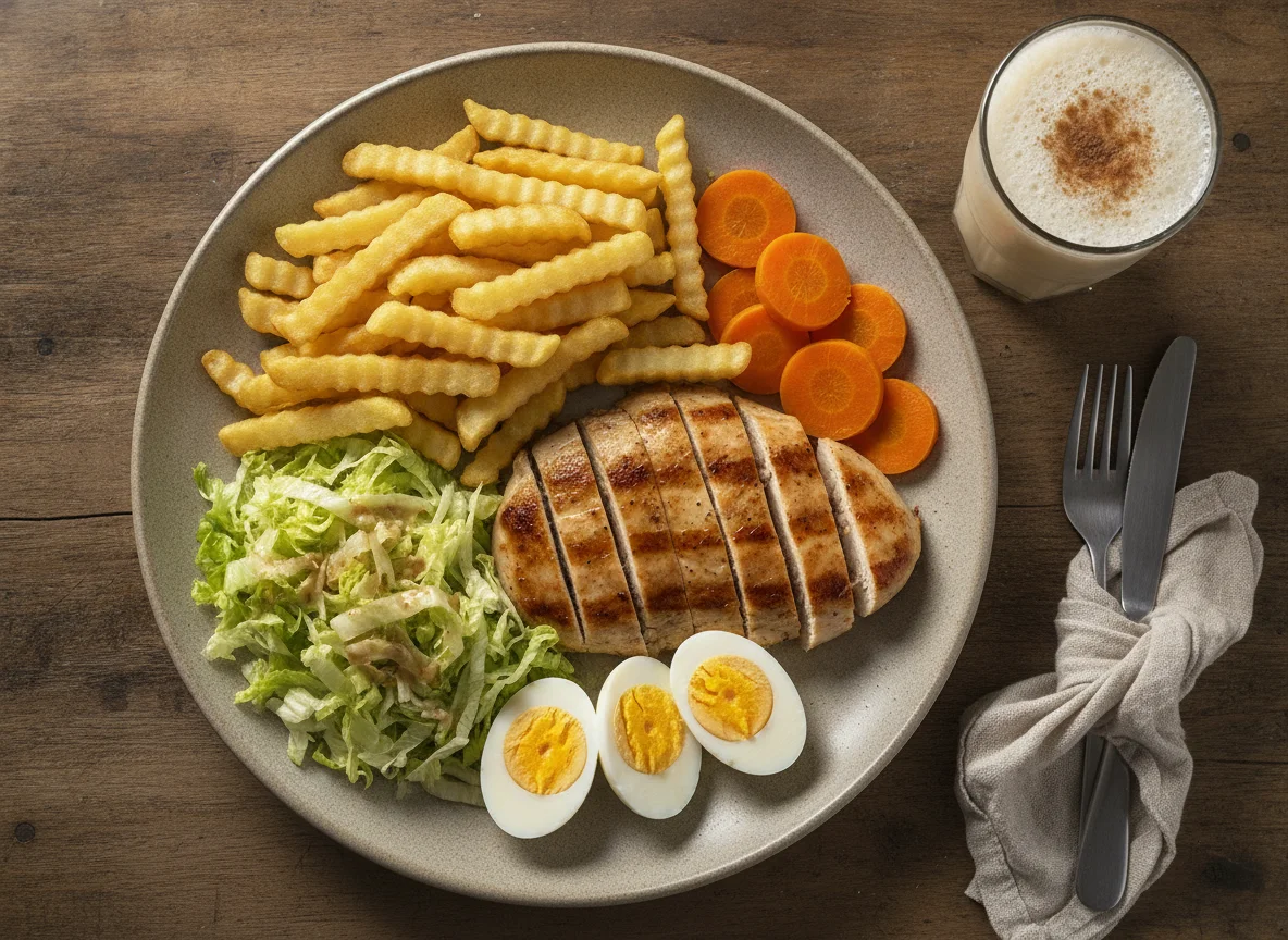 Pollo con verduras, huevos cocidos y licuado photo