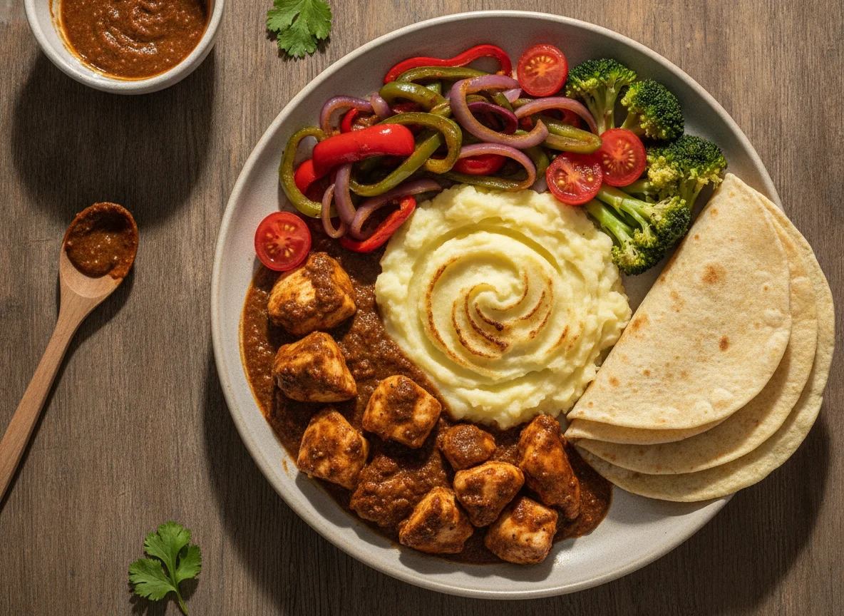 Pollo con verduras, puré de papa y tortillas photo