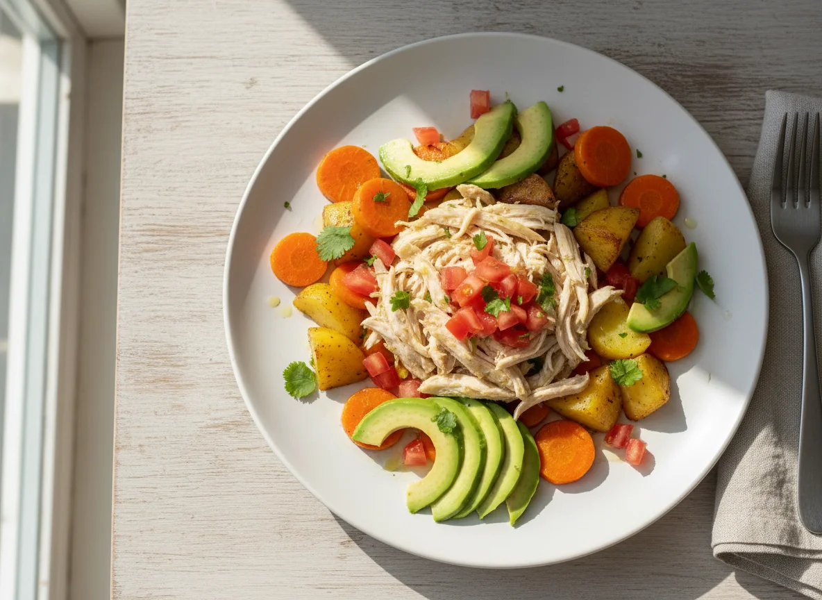 Pollo con verduras y aguacate photo