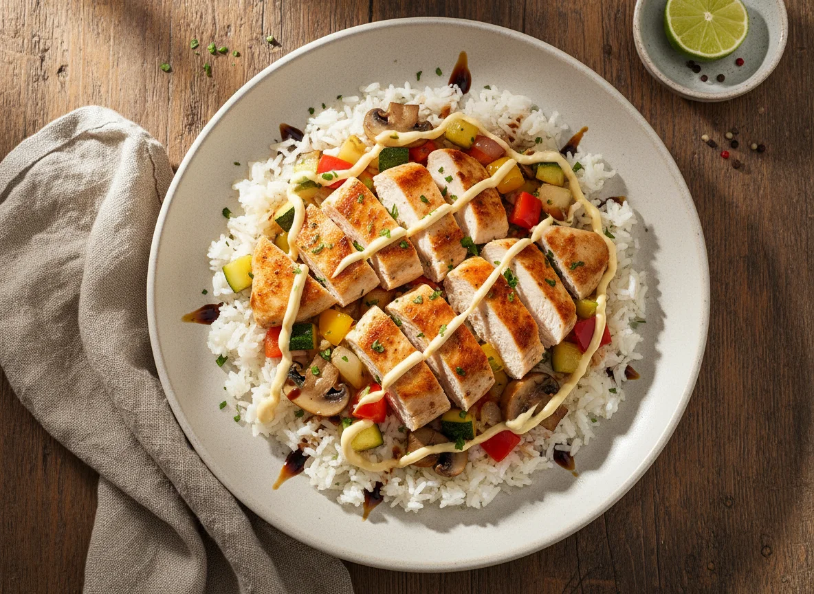 Pollo con verduras y arroz photo