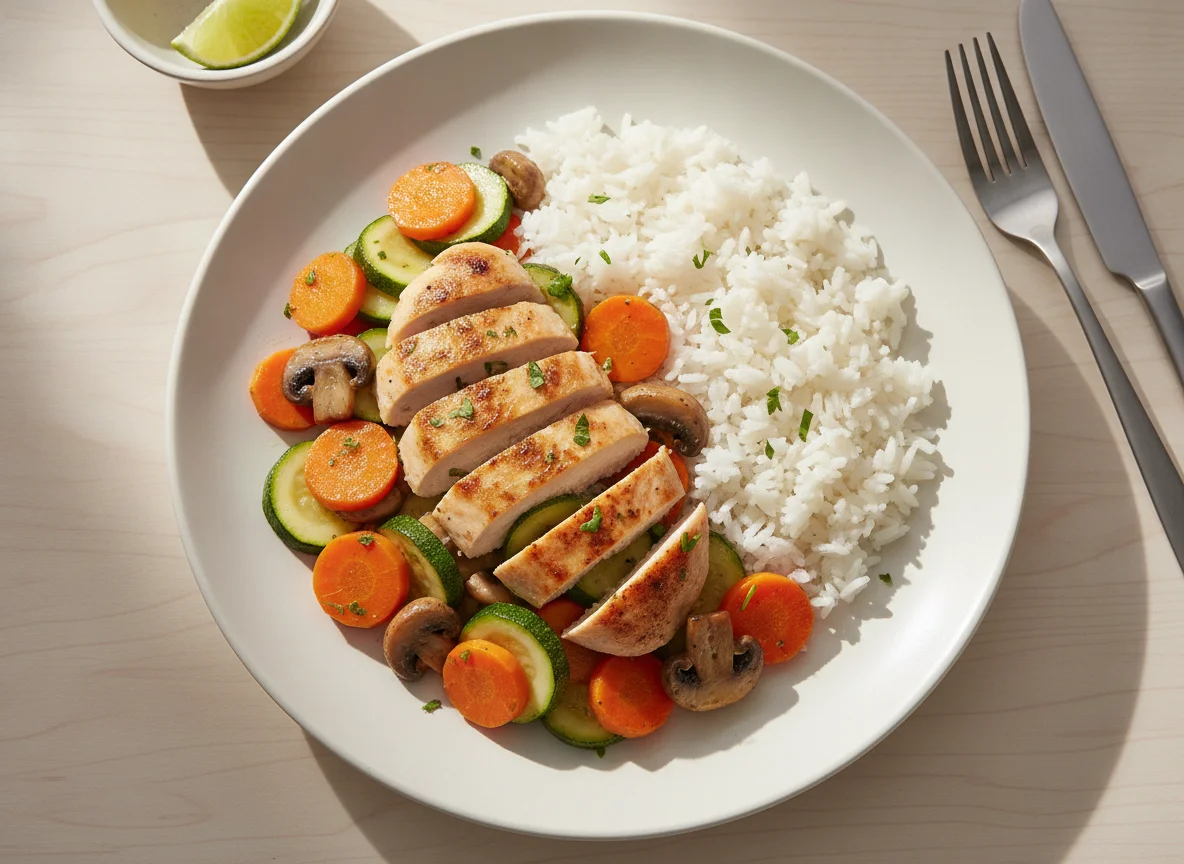 Pollo con verduras y arroz blanco photo