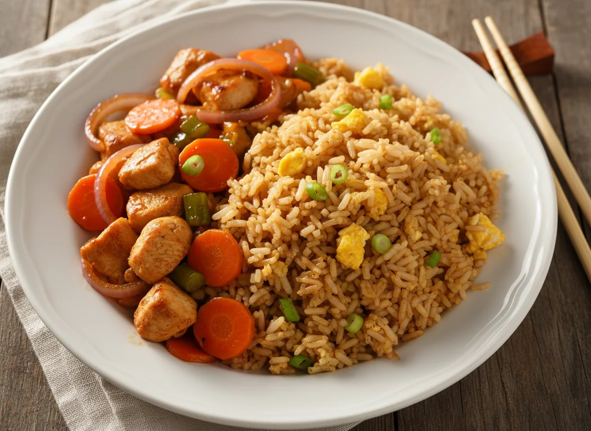 Pollo con verduras y arroz frito photo