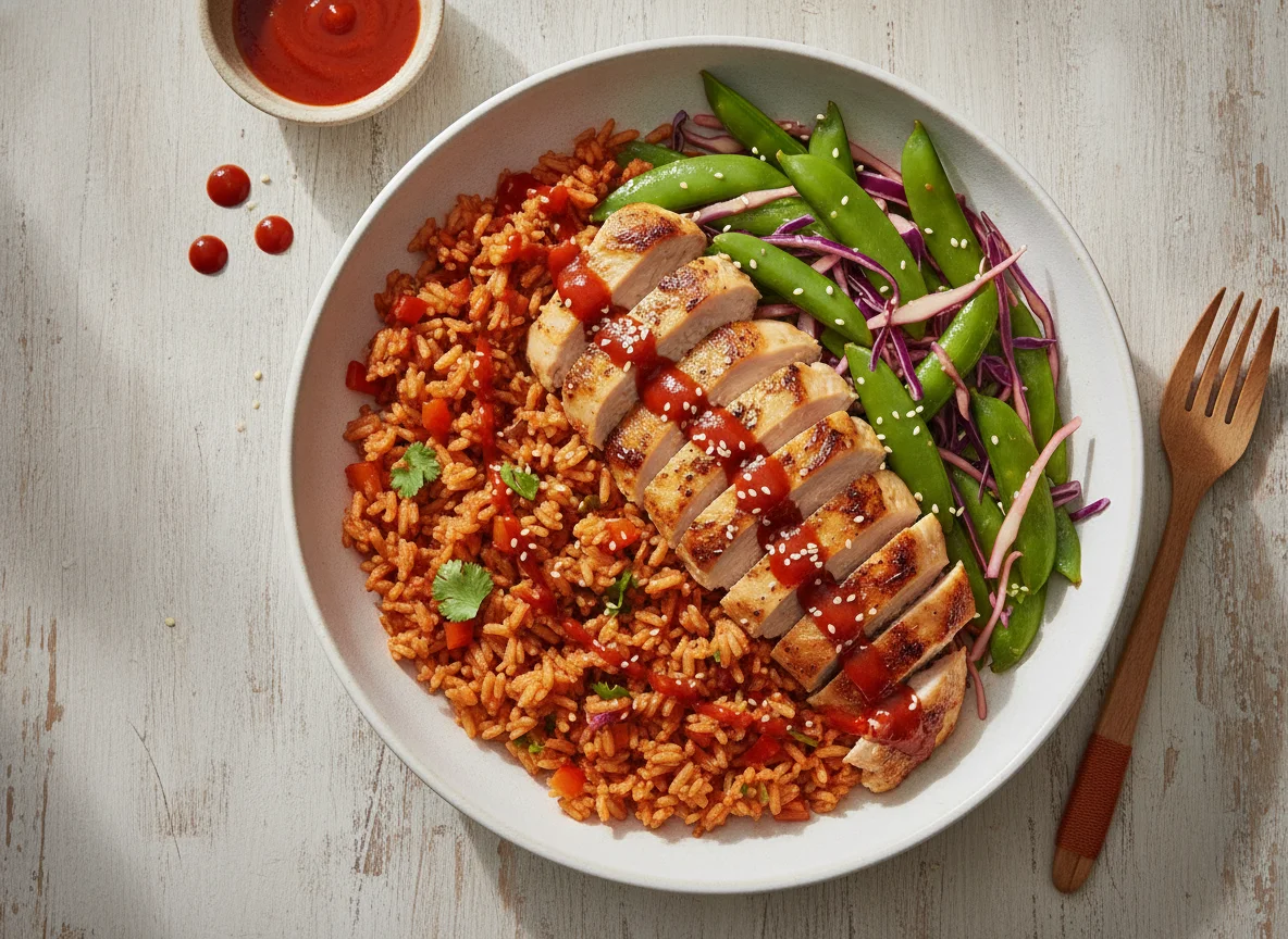 Pollo con verduras y arroz rojo photo