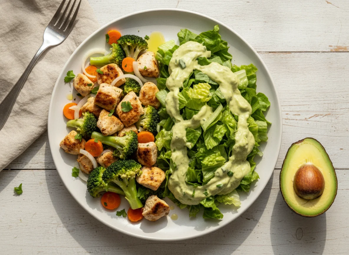 Pollo con verduras y ensalada con aderezo de aguacate photo