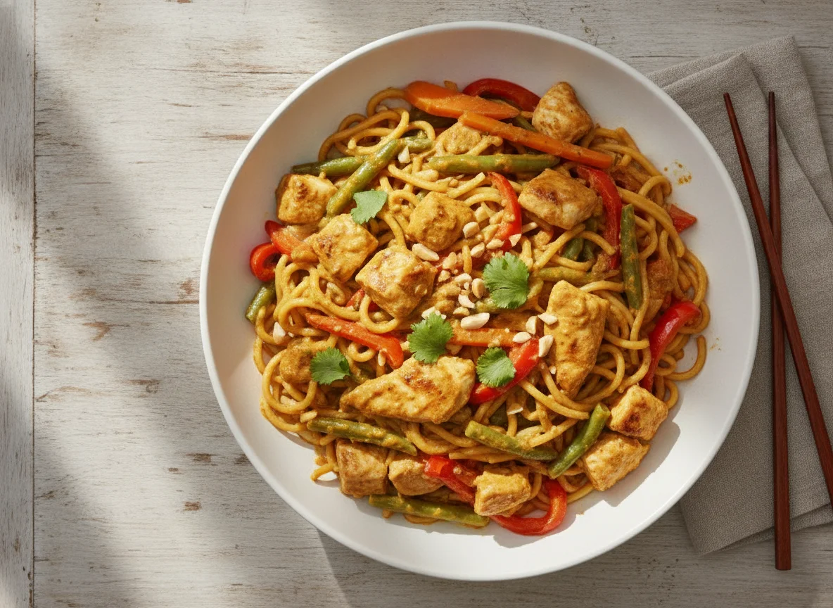 Pollo con verduras y fideos estilo chino photo