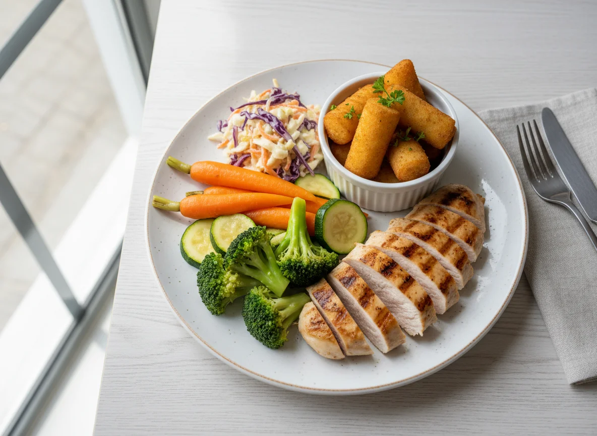Pollo con verduras y guarnición photo