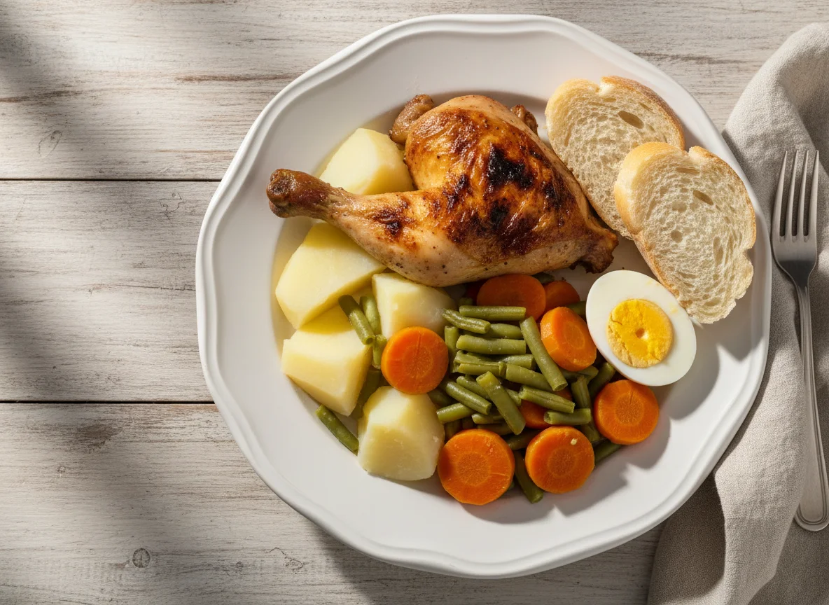 Pollo con verduras y huevo cocido photo