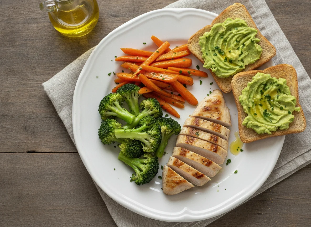 Pollo con verduras y pan con aguacate photo