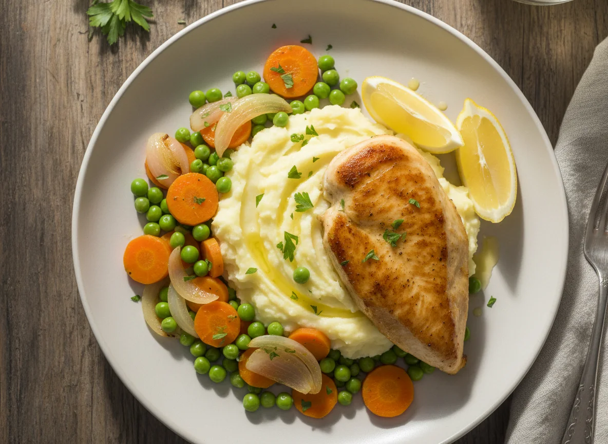 Pollo con verduras y puré de papas photo