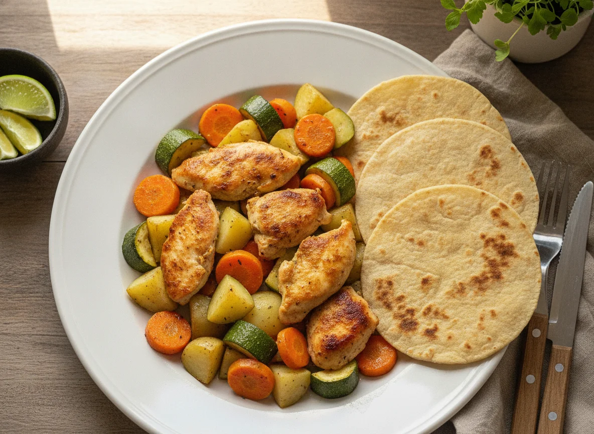Pollo con verduras y tortillas photo