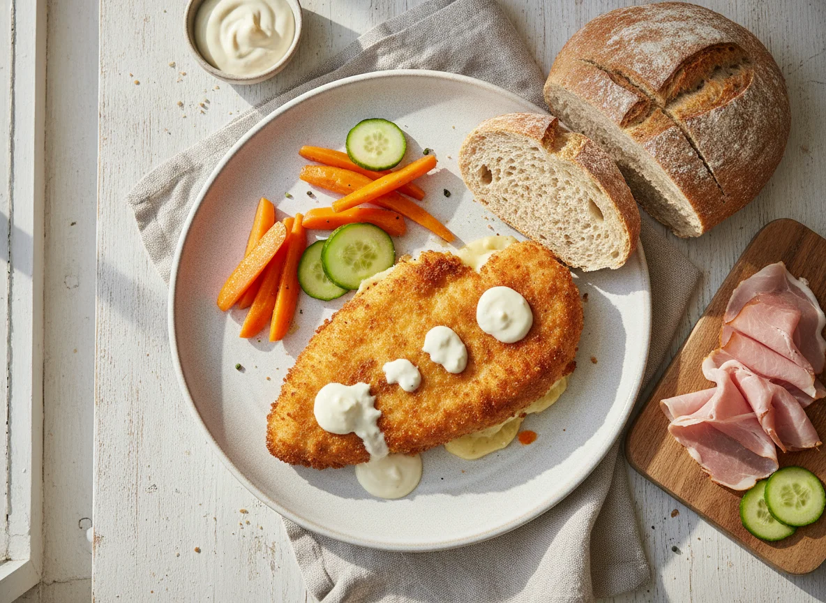 Pollo Cordon Bleu con pan y acompañamientos photo