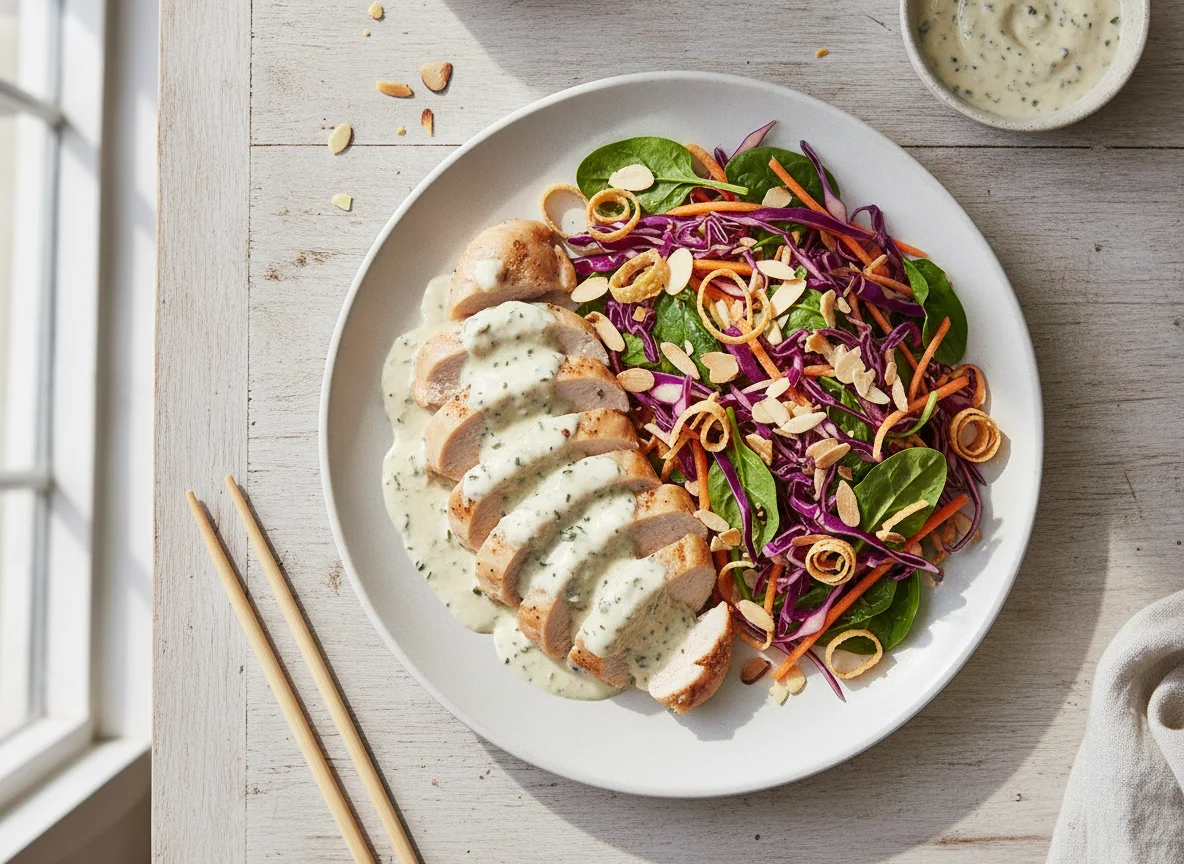 Pollo cremoso con ensalada asiática photo