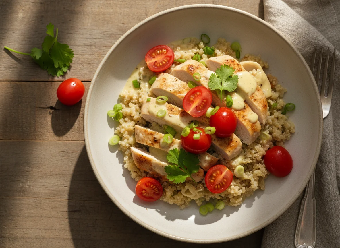Pollo cremoso con quinoa y tomates cherry photo