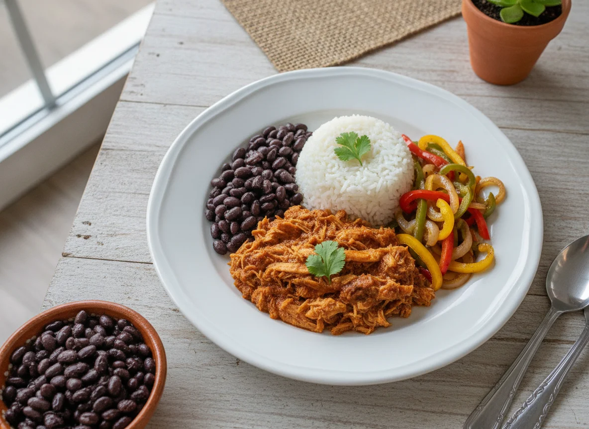 Pollo deshebrado con arroz, frijoles negros y verduras salteadas photo