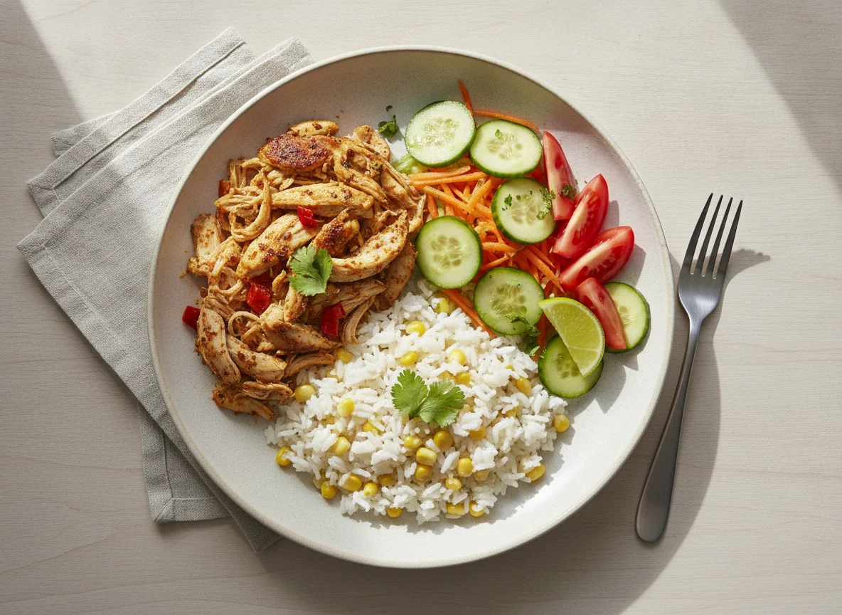 Pollo deshebrado con arroz y ensalada photo