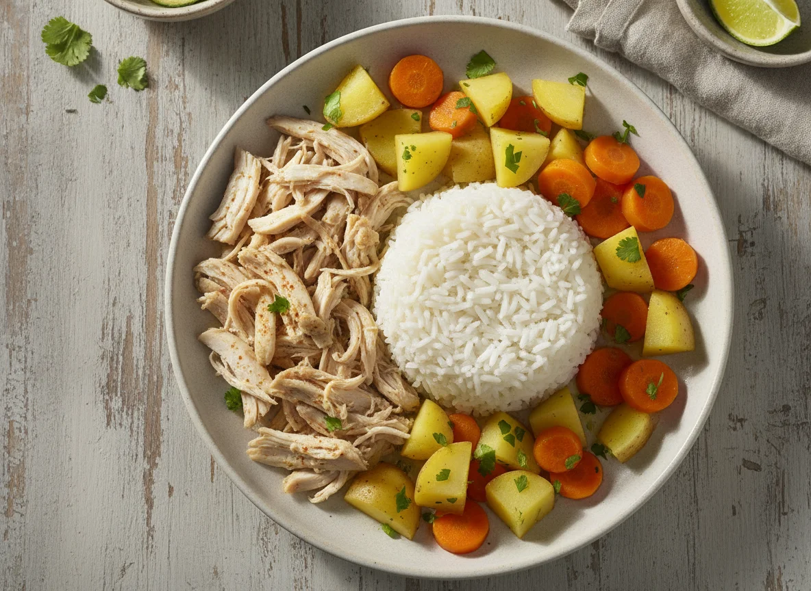 Pollo deshebrado con arroz y verduras photo