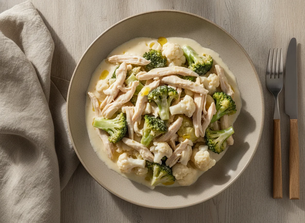 Pollo deshebrado con brócoli y coliflor en crema photo