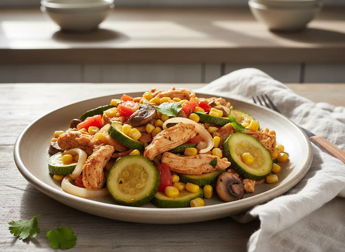 Pollo deshebrado con calabacitas y elote photo