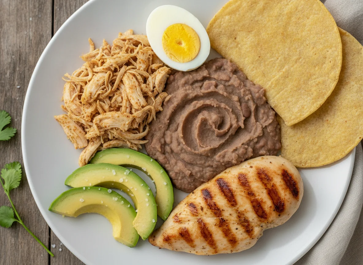 Pollo deshebrado con huevo, aguacate y frijoles photo