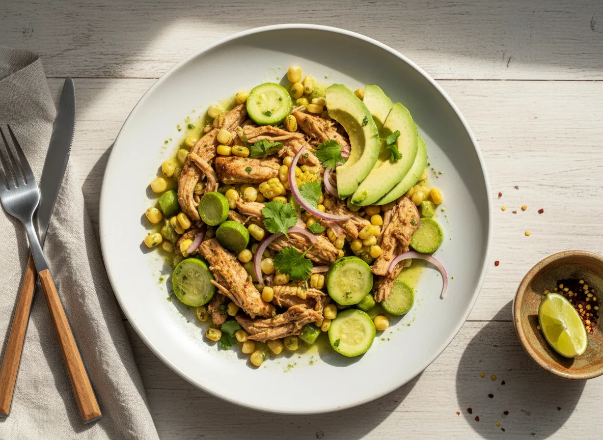 Pollo deshebrado con nopales y aguacate photo