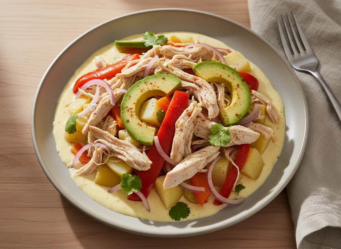 Pollo deshebrado con vegetales y base cremosa photo