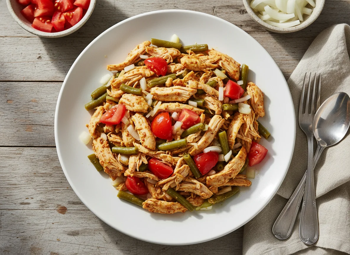 Pollo deshebrado con verduras photo