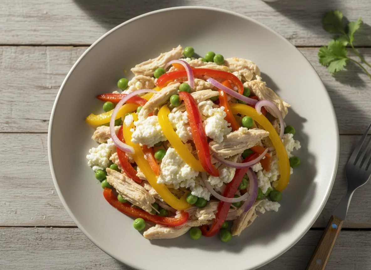 Pollo deshebrado con verduras y claras de huevo photo
