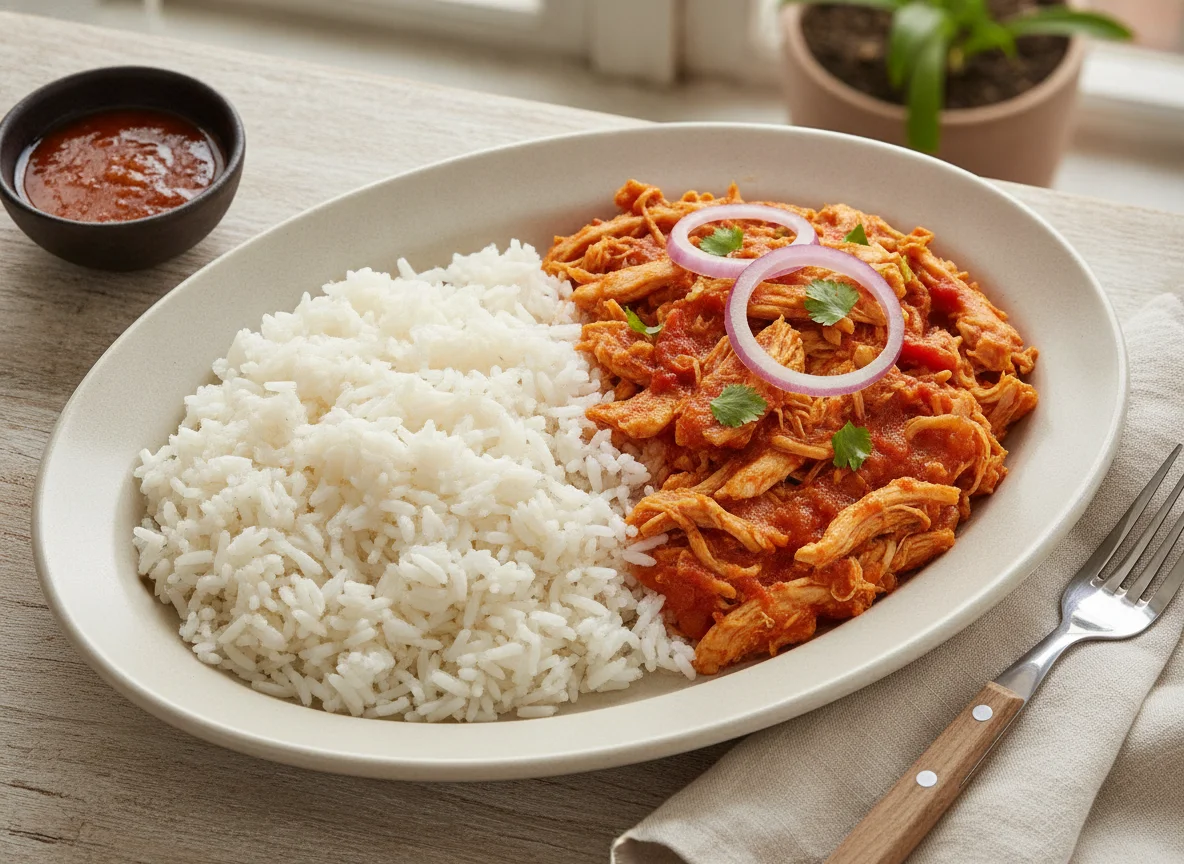 Pollo desmechado con arroz blanco photo