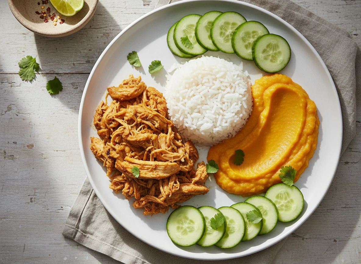 Pollo desmenuzado con arroz, puré de calabaza y pepino photo
