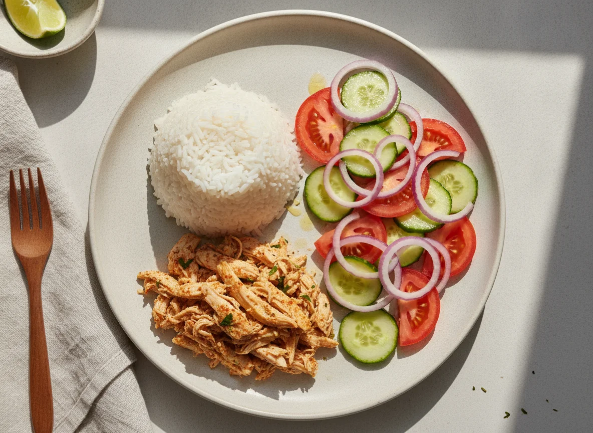 Pollo desmenuzado con arroz y ensalada photo